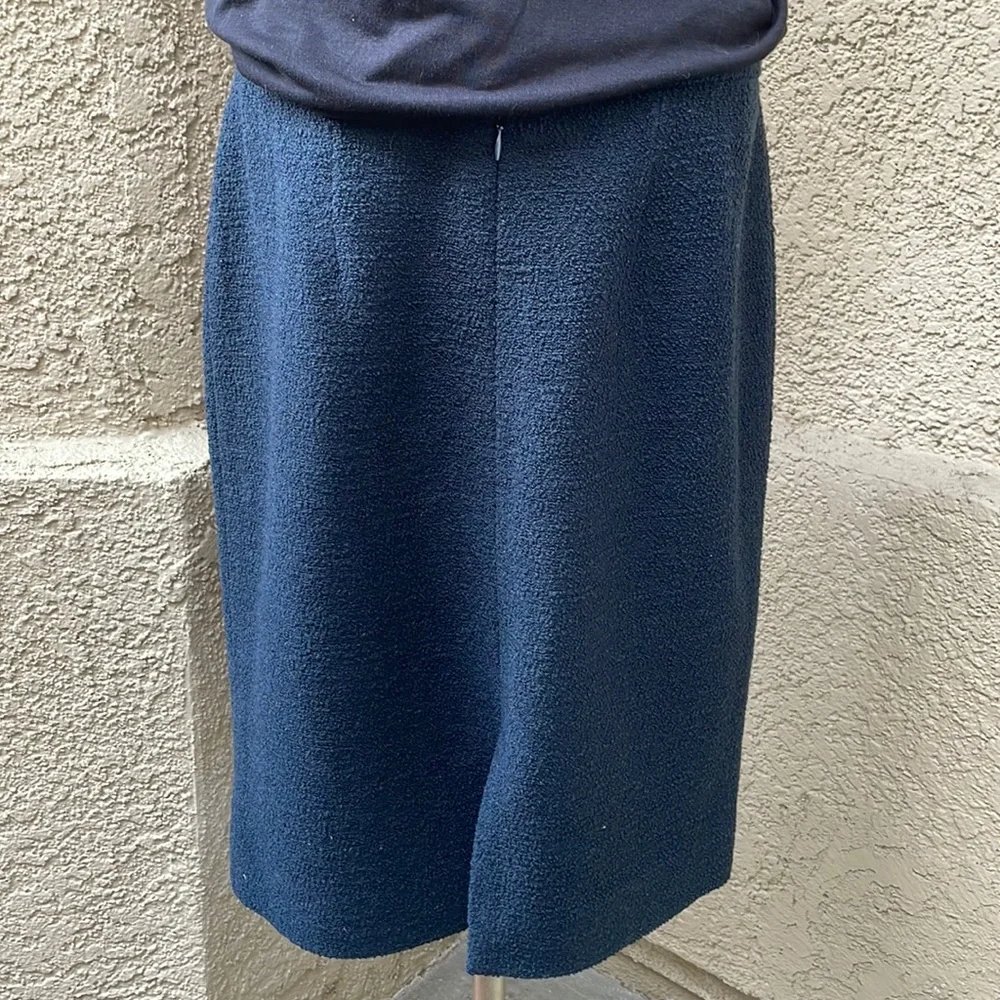 Vintage navy blue Chanel wool pencil skirt with original Chanel hanger